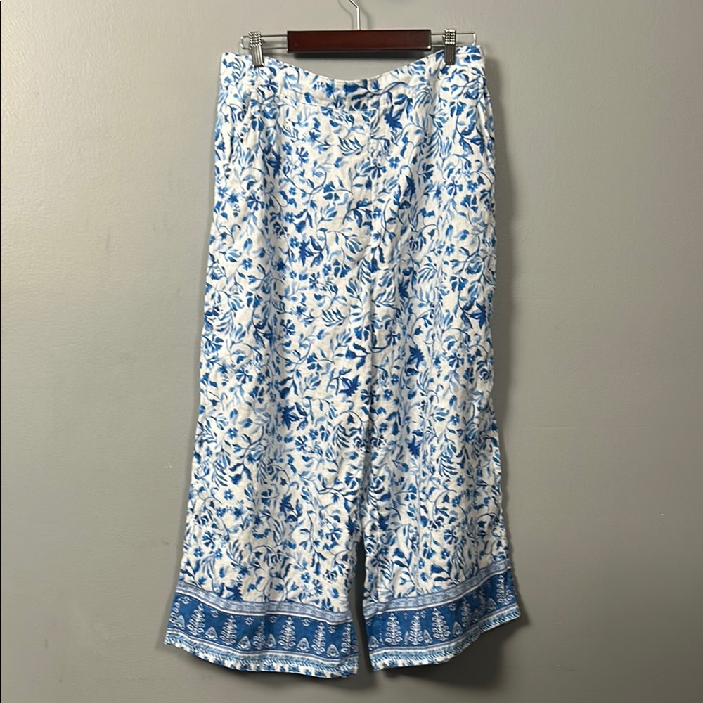 Joie Linen Floral Blue Palazzo Coastal Core Summer Beach Boho Pants Wide leg XL